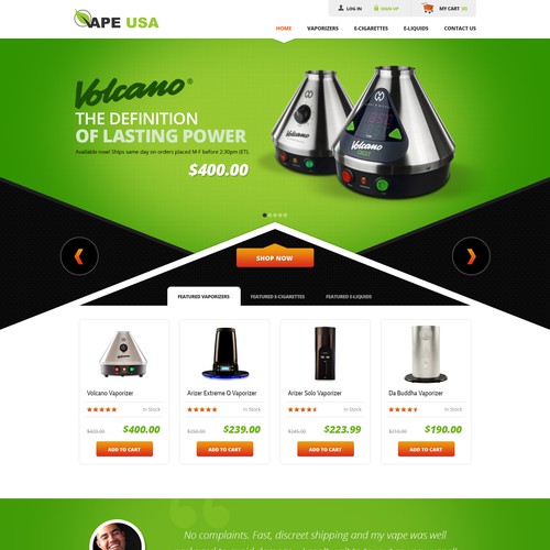 Green website with the title 'Volcano vaporizer - VapeUSA'