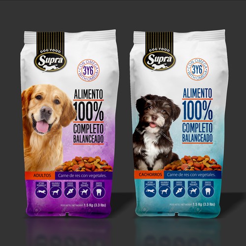 Dog food packaging with the title 'SUPRA DOG FOOD'