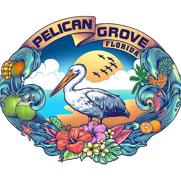 Pelican design with the title 'pelican grove'