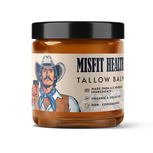 Illustration packaging with the title 'Package design for MISFIT HEALTH, Tallow Face Balm'