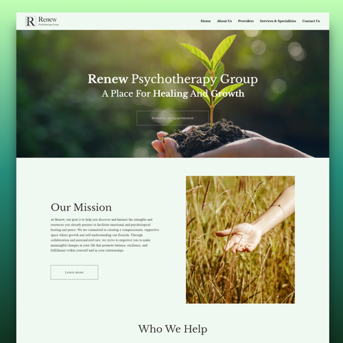CSS design with the title 'Renew Psychotherapy Group — Website Redesign'