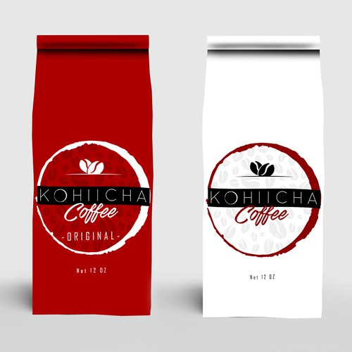 Red packaging with the title 'coffee bag concept designs'