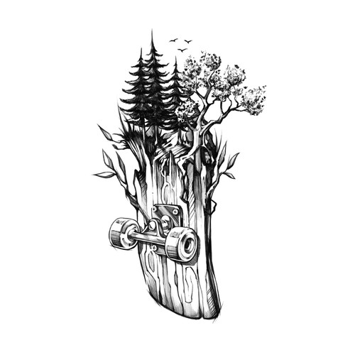 Wood design with the title 'Skateboard and Nature tattoo'