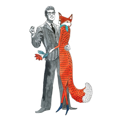 Painting design with the title 'Buddy Holly and Foxy Watercolor.'