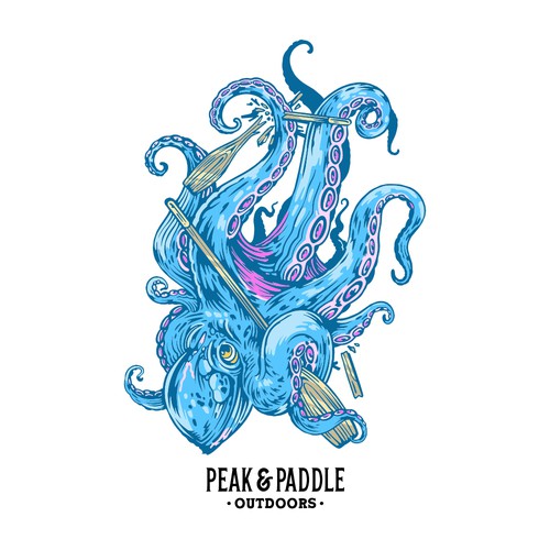 Sea t-shirt with the title 'Mythical Kraken taking out a paddle boarder for an outdoor apparel company'