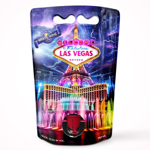 Wine packaging with the title 'Las Vegas themed Wine Pouch – A Cityscape Packaging Design'