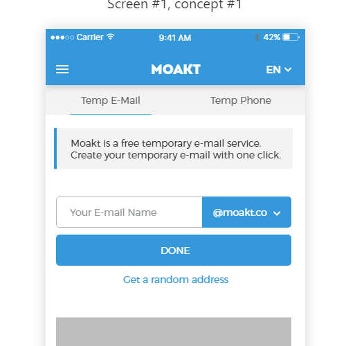 Usability design with the title 'Moakt: temporary email app design concept '