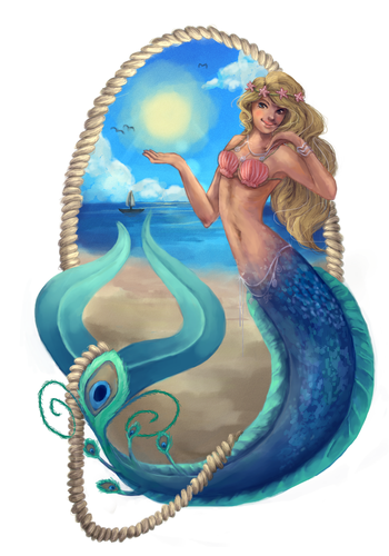 Beach artwork with the title 'Design and illustrate a mermaid banner for a jewellery website'
