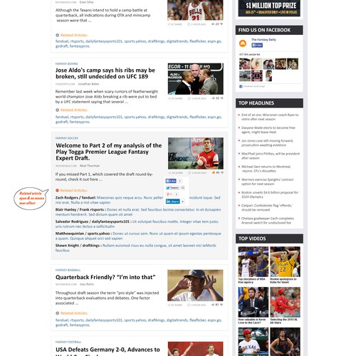 Content design with the title 'The Fantasy Daily, Curated Sports News website'