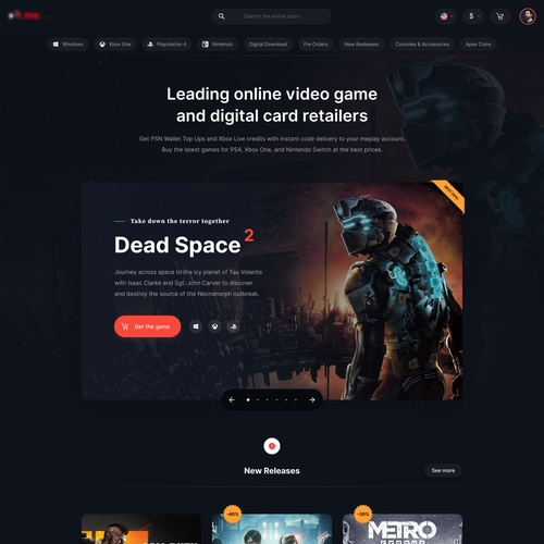 Game website with the title 'Dark, clean, and minimalist website redesign for a game store'