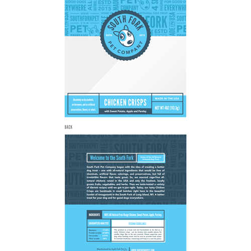 Dog label with the title 'Packaging label for artisanal pet treat'