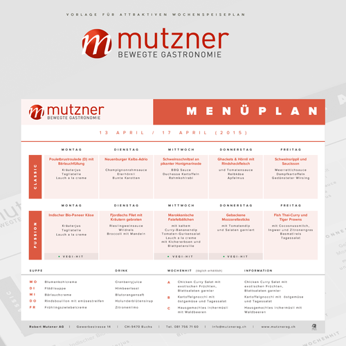 PDF design with the title 'Excel and PDF design for a menu plan'