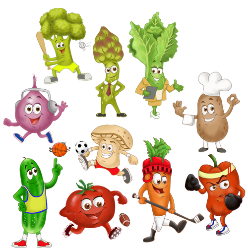 Cartoon artwork with the title 'Veggies Mascots'