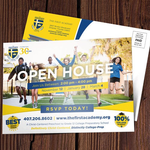 Yellow and blue design with the title 'Open House Postcard for The First academy'