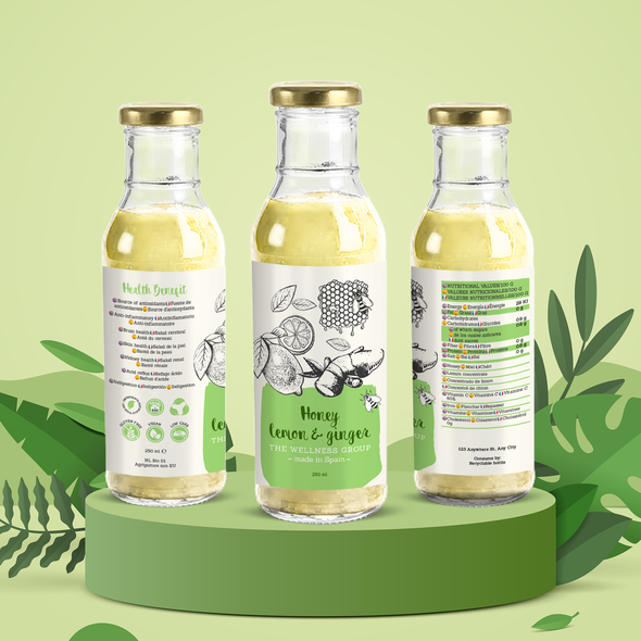 Juice design with the title 'Honey lemon & ginger juice label'
