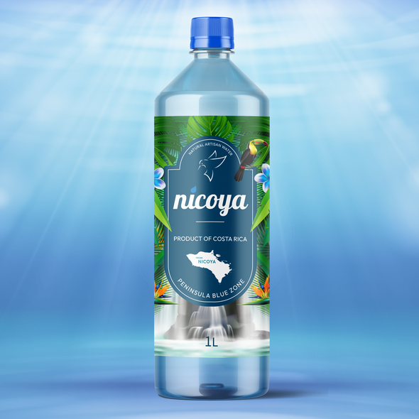 Label packaging with the title 'Nicoya Natural Water'