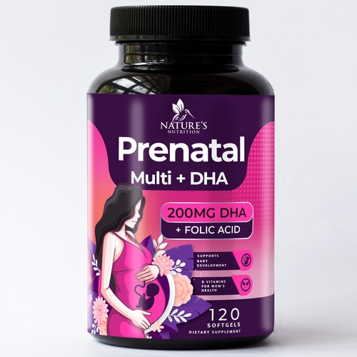 Pregnancy design with the title 'Prenatal multi + DHA softgels dietary supplement label design'