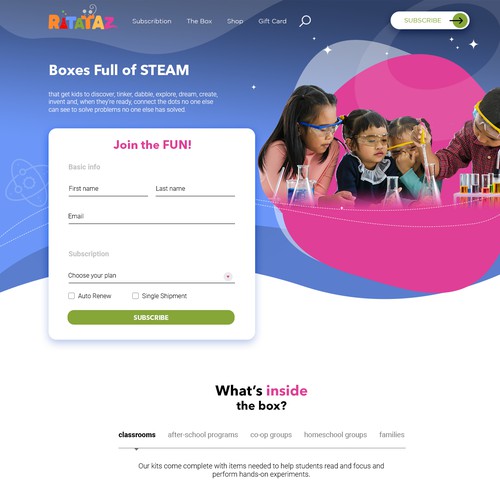 School website with the title 'Web design for RATATAZ, a STEAM subscription Box'