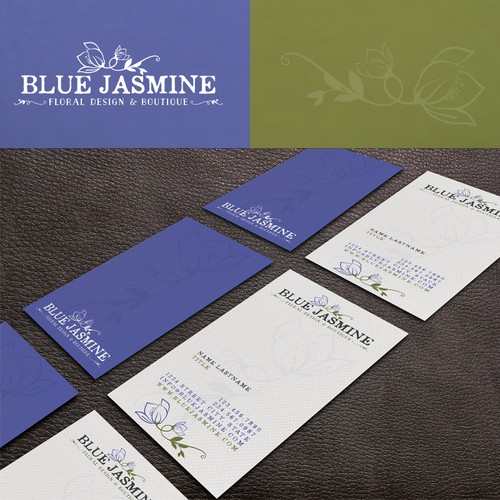 Flower shop design with the title 'LOGO & BUSINESS CARD DESIGN FOR BLUE JASMINE LLC FLORAL DESIGN AND BOUTIQUE'