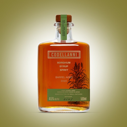 Whiskey label with the title 'Sorghum Syrup Spirit'