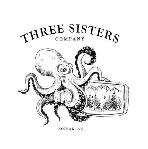 Coffee shop artwork with the title 'Three Sisters Company octopus Logo Alaska'