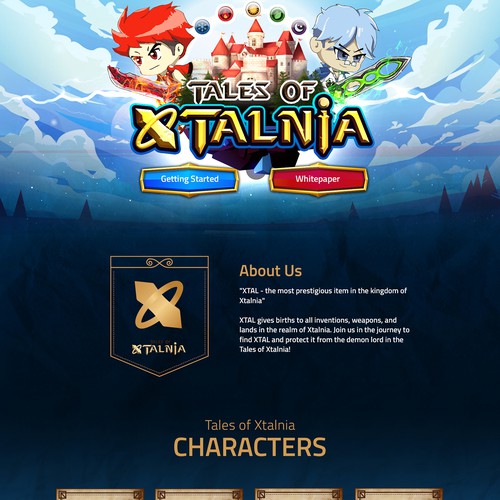 Game website with the title 'Design a home page for a VDO game called "Tales of Xtalnia"'