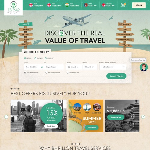 Travel website with the title 'Home Page concept for Bhrillion Travels'