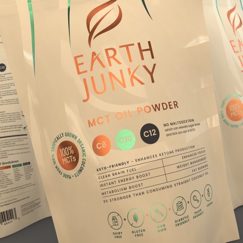 Kraft paper packaging with the title 'Splendid concept for MCT Oil Powder from Earth Junky'