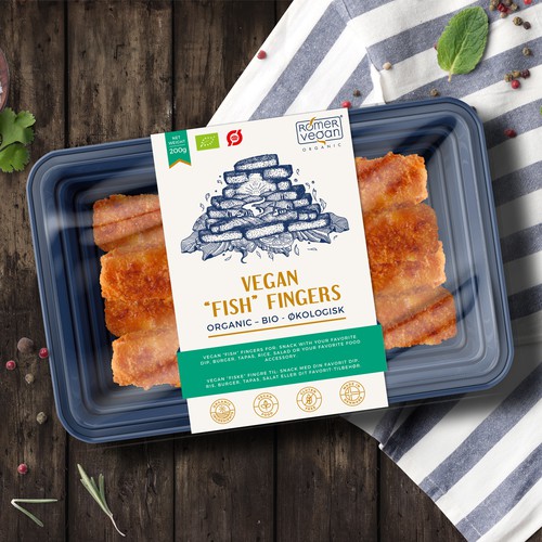 Intricate design with the title 'Label design for Vegan "Fish" Fingers'