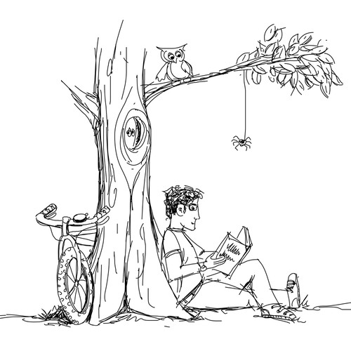 Scenery artwork with the title 'Illustration about books and bikes'