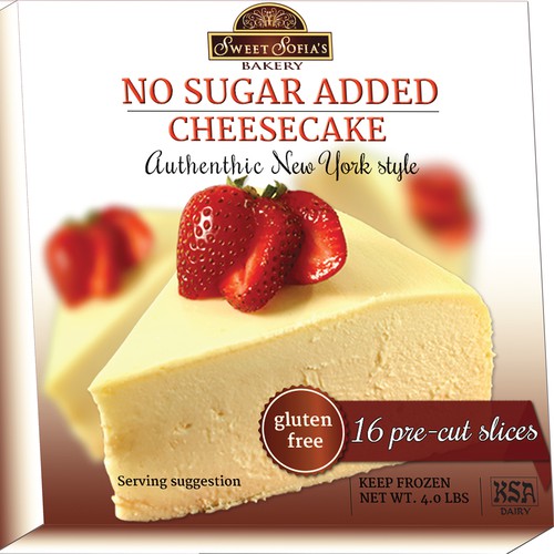 Dessert packaging with the title 'Gourmet Cheesecake Package Design (No Sugar Added)'