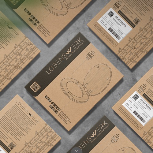 Cardboard design with the title 'Modern Concept of Lobenswerk Bamboo Toilet Seat Cover Packaging'