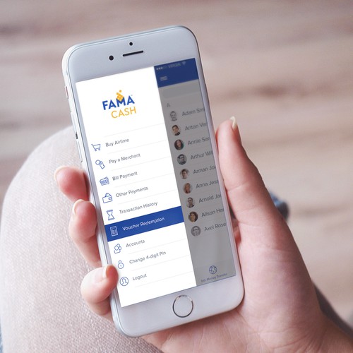 Payment design with the title 'Fama Cash Mobile App Design'