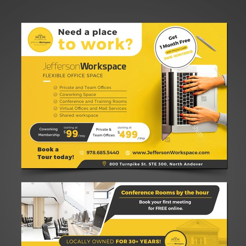 Co-working space design with the title 'Postcard design for Jefferson Workspace'