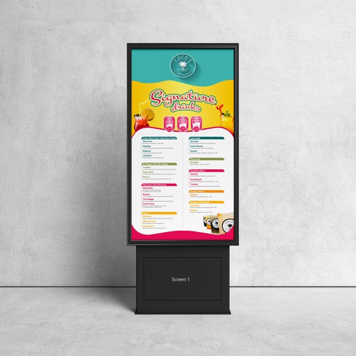 Display design with the title 'Signature Drinks menu design for Coco's'