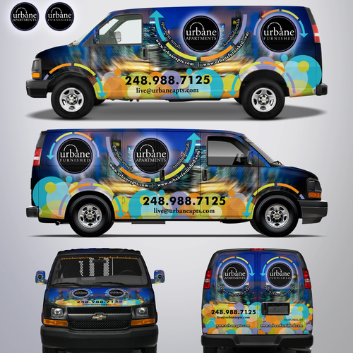 Vehicle graphic design with the title 'Van Wrap for Urbane Apartments'