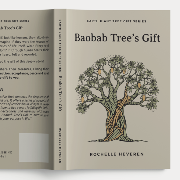 Spiritual illustration with the title 'Baobab Tree’s Gift illustration, Book Cover and Essential Oil Bottle Sticker'