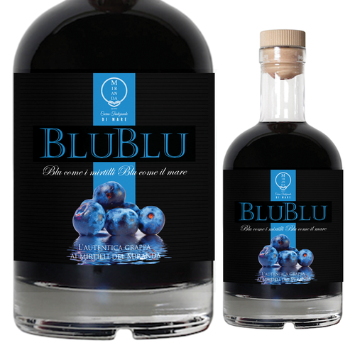 Liquor label with the title 'Blueberry grappa from Fiumicino'