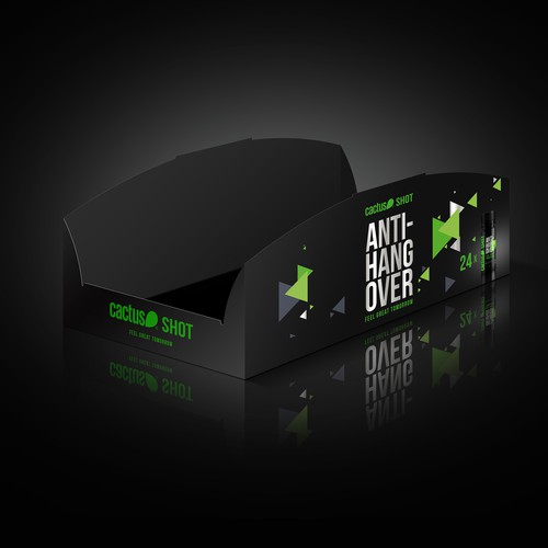 Display packaging with the title 'Antihangover shot CACTUS display'