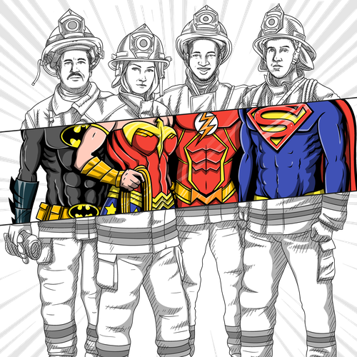 Creative artwork with the title 'Firemen Superheroes'