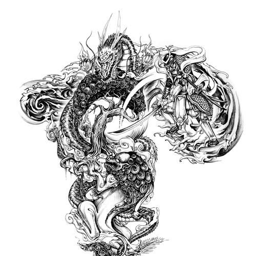 Grayscale design with the title 'asiatisches S/W-Tattoo /  black&white tattoo asian style'