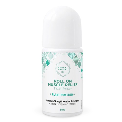 Geometric design with the title 'Label design for Plant-Powered Muscle Relief'