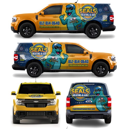 Ford design with the title 'Seals Heating & Air Ford Maverick with a camper shell Truck wrap'