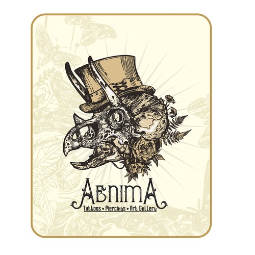 Steampunk design with the title 'Aenima tattoos piercings art gallery'