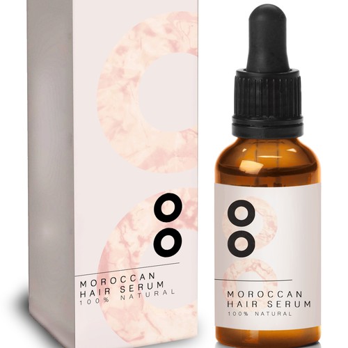 Feminine label with the title 'Rose + Oak Hair Serum'