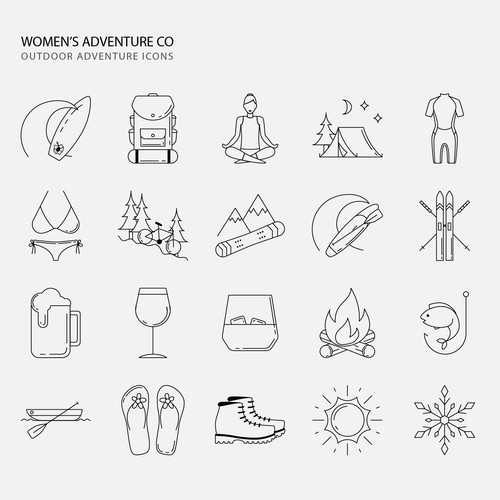 Campfire design with the title 'Feminine icons for women's outdoor adventures.'