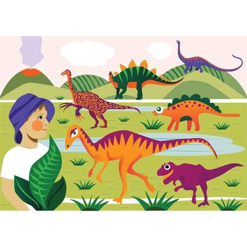 Playful artwork with the title 'Illustration Rudy and the dinosaurs'