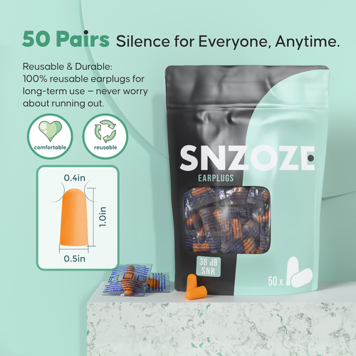 3D rendering design with the title 'Photorealistic 3D Visualization: SNOOZE Earplugs Product Packaging Render'