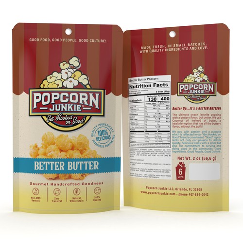 Popcorn design with the title 'Popcorn Junkie-Colorful, Eye Catching, Gourmet Popcorn Packaging'