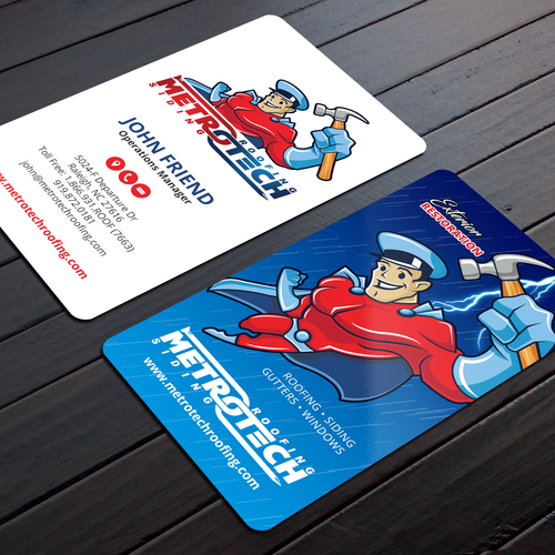 Blue design with the title 'Kick-azz business card for METROTECH Roofing Corp'